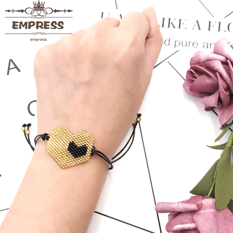 

2018 Empress New Fashion Woman Big Golden Heart Black Little Heart Handmade Imported Miyuki Glass Beads Rope Adjustable Bracelet