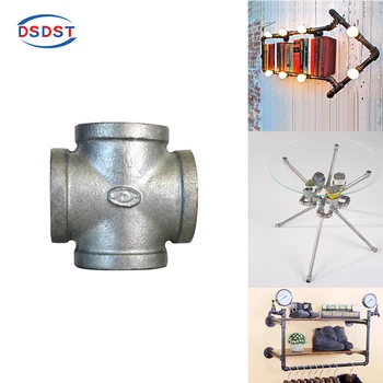 

5pcs/pack Galvanized Cross Female BSP Thread Iron Pipe Fitting Banded and Beaded Retro Furniture Style Malleable iron Cross
