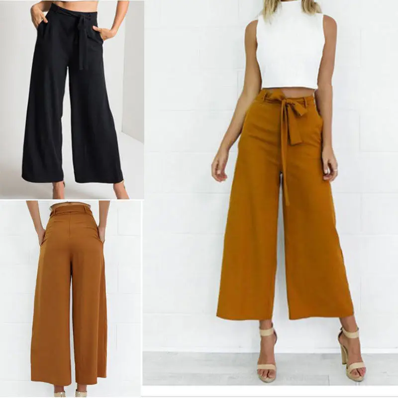 

2019 Brand New Women High Waist Flared Wide Leg Long Pants Lady Work Casual Palazzo Long Trousers Fashion Clothes