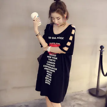 

[Free Shipping] 2019 Summer Korean Version Plus Large Size Long T-shirt, Fashion Women's Casual Women's Letter Hollow Shirt