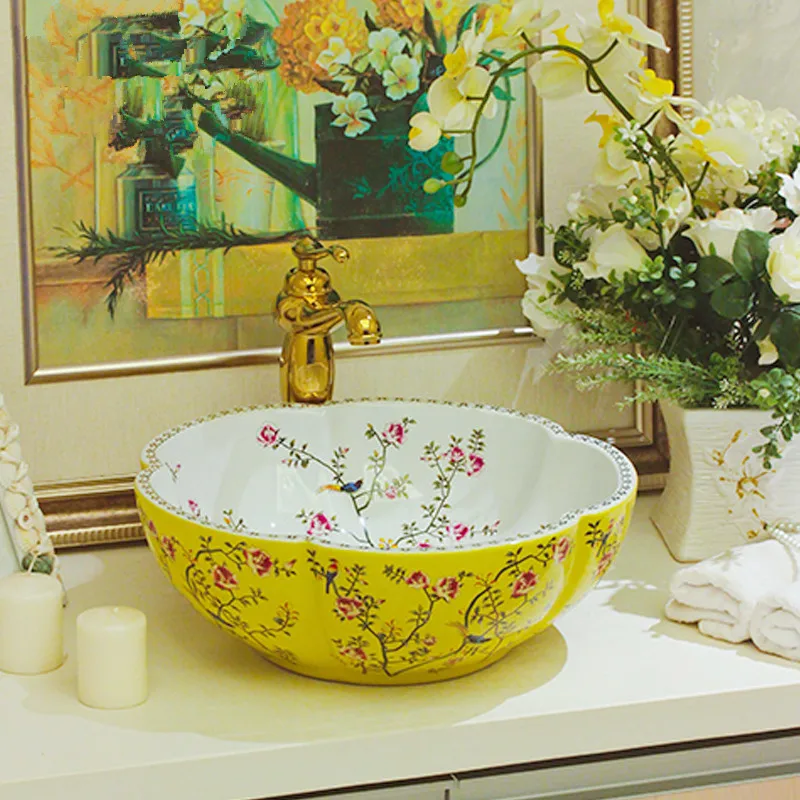 Yellow and white Jingdezhen ceramic sink wash basin Ceramic Counter Top Wash Basin Bathroom Sinks wash basins flower and bird (8)