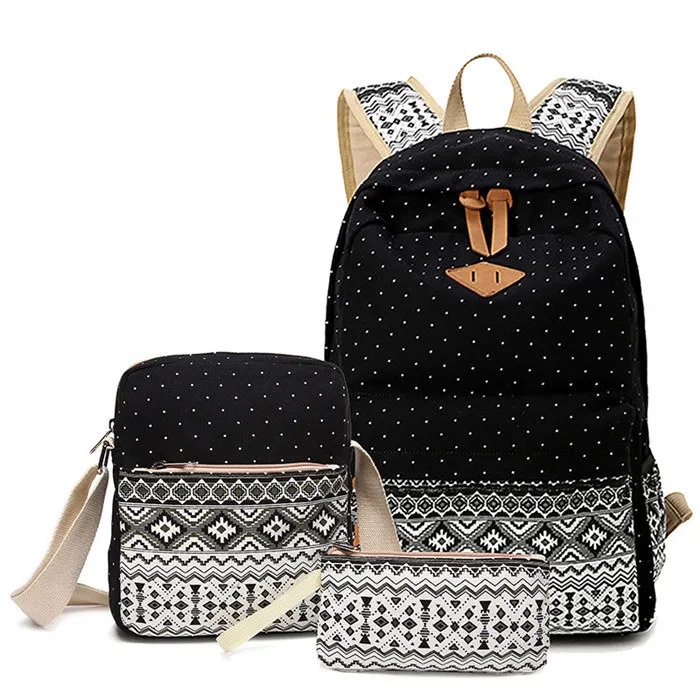 Брендовый женский рюкзак, сумки для женщин, в горошек, с принтом, Холщовый Рюкзак, наборы, винтажный, средний, школьный, женский - Цвет: Set Black