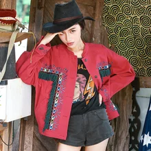 Новая весенняя женская уличная хип хоп Повседневная Свободная ультра свободная кисточка вышивка короткая парусиновая хиппи красная куртка