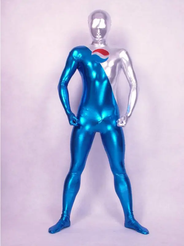 Синий и серебряный блестящий Zentai Pepsi мужской костюм для Хэллоуина и Пепси мероприятий с бесплатной доставкой