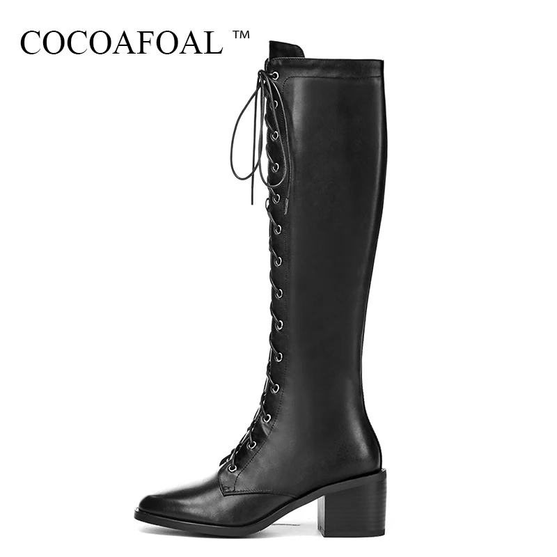 

COCOAFOAL Women's Black Lace Up High Heeled Martin Boots Genuine Leather Knee High Boots Autumn Winter Zipper Knee High Boots