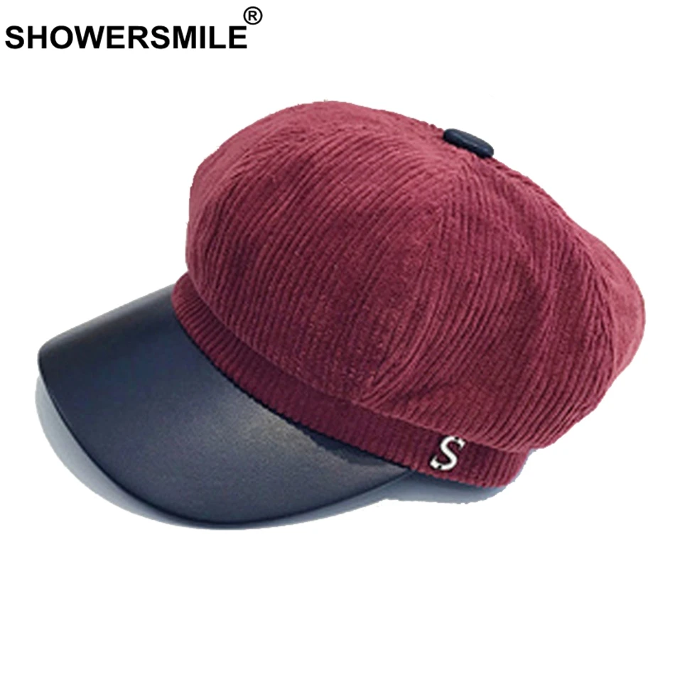

SHOWERSMILE Womens Newsboy Caps Red Corduroy Patchwork Female Flat Cap With Letter Spring Leather Brim Ladies Baker Boy Cap