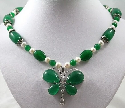 

Jew2550 charm fancy white pearl & green jade necklace 18KGP butterlfy pendant