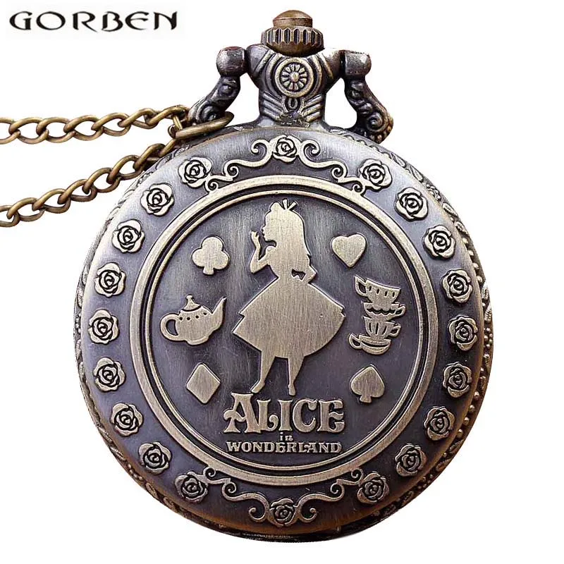 Ретро аниме Alice In Wonderland карманные часы ожерелье для женщин мужчин винтажные