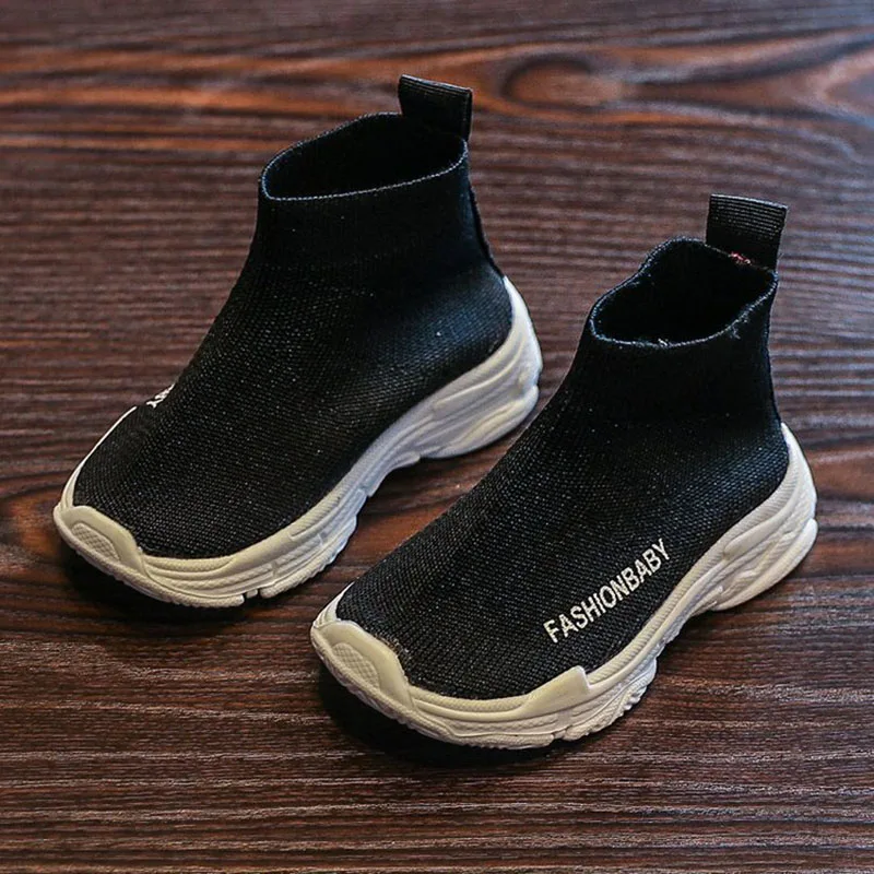 Новые осенние сетчатые дышащие детские кроссовки для отдыха, спортивные вязаные носки, обувь для девочек, детская обувь для мальчиков, кроссовки - Цвет: Черный