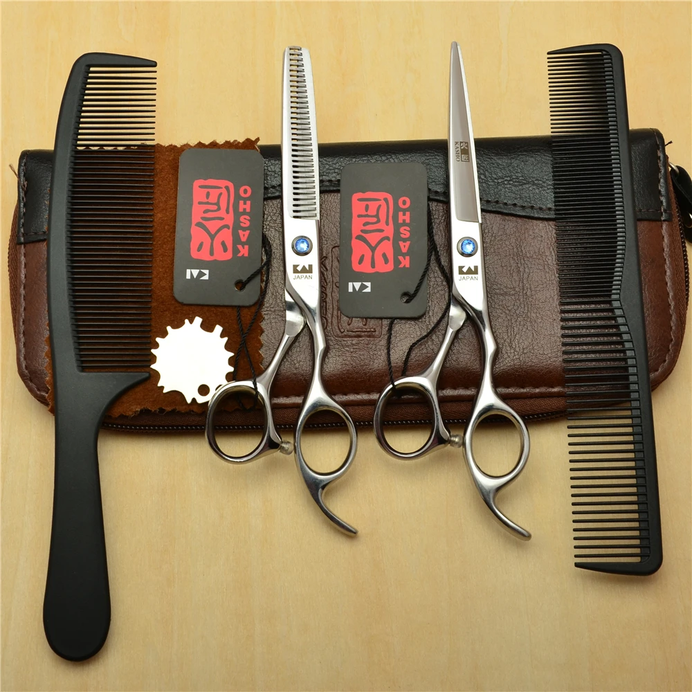 

4Pcs Suit 5.5''/6''/6.5'' H1006 Blue Gem 440C Combs + Cutting Scissors + Thinning Shears Professional Hair Hairdressing Scissors