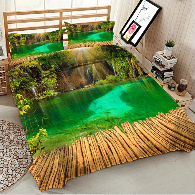 

Green water and wooden bridge 3d effect photo bed linen can be customized photo pattern