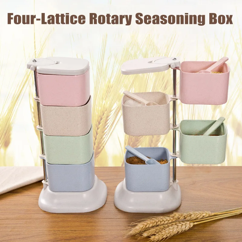

1pcs Kitchen Seasoning Box 180degC Rotation 4-Lattice Wheat Straw with Spoons 2018ing