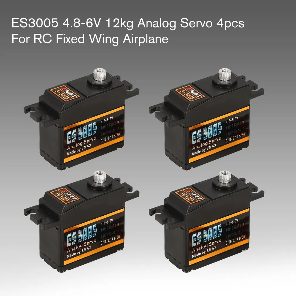 

4PCS EMAX Analog Metal Gear Waterproof Servo ES3005 4.8V-6V 12kg 0.16/0.14s/60 Degree for RC FPV Fixed Wing Airplane