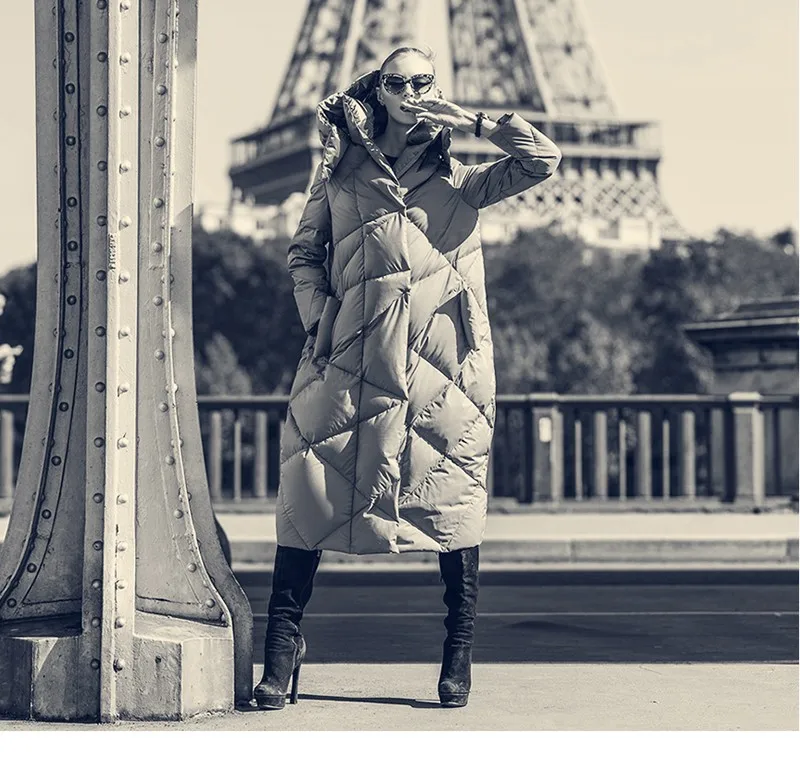 Высокое качество 90% белый гусиный пух парка Casaco Feminino Мода Европейский Стиль длинная свободная Толстая зимняя куртка для женщин WUJ0787
