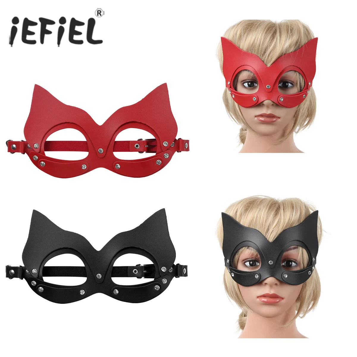 IEFiEL/Для женщин PU кожаный, с влажным эффектом Клубная одежда горный хрусталь маскарад ручной работы Cat маска на пол-лица повязка на глаза