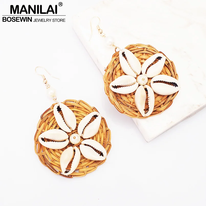 MANILAI Bohemia Straw Rattan Knit Shell Drop Dangle Earrings For Women Circular Big Statement Pendant Earrings Jewelry Gift