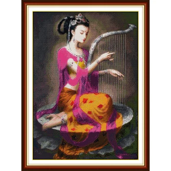 

Dunhuang woman playing the lyre on lotus platform beauty counted cross stitch sets Canvas For Embroidery On Needlework Thread 14