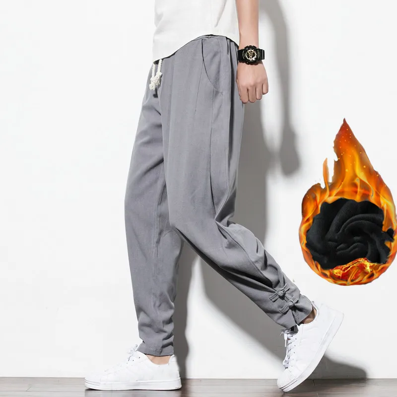 Мужские зимние мешковатые хлопковые льняные шаровары в стиле хип-хоп, мужские широкие теплые брюки, брюки Харадзюку, Мужские штаны для бега 5XL - Цвет: Light grey