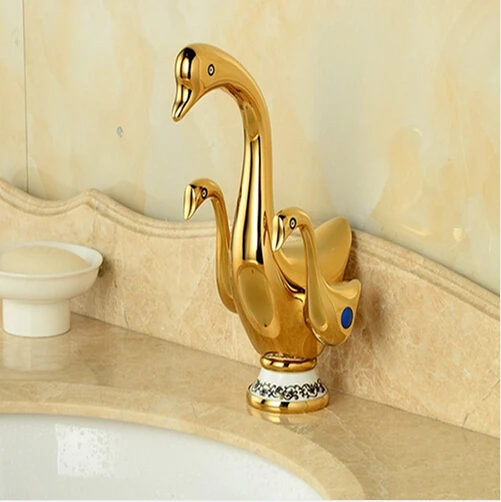 

Luxury Golden Polish Animal Shape Basin Faucet Double Handles Vessel Sink Tap Hot&Cold Faucet
