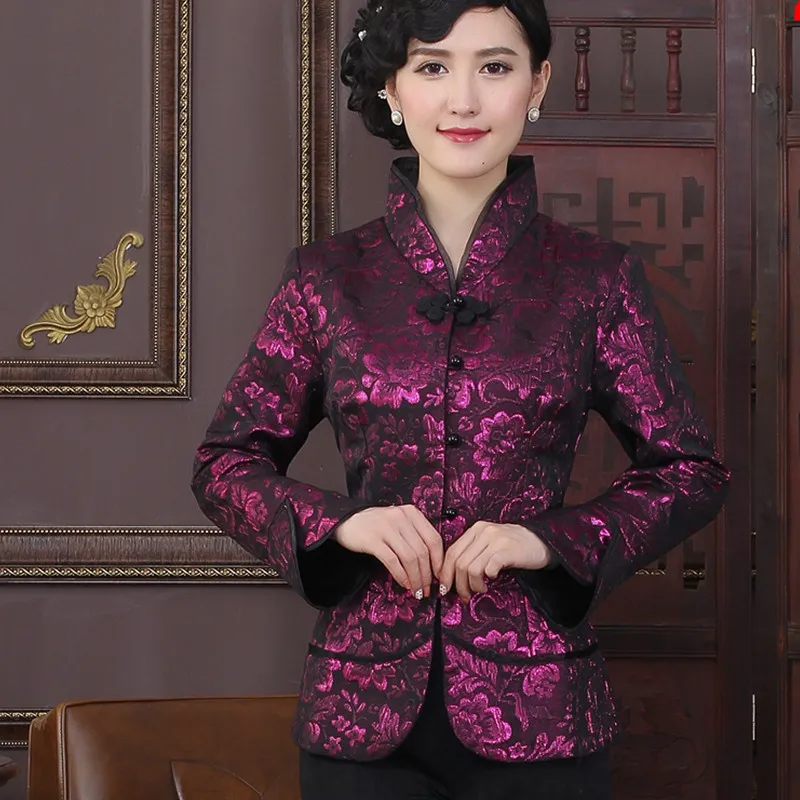 

Purple Traditional Chinese Women's Cotton Overcoat Spring Autumn Jacket Coat Mandarin Collar Tang Suit Size S To 3XL