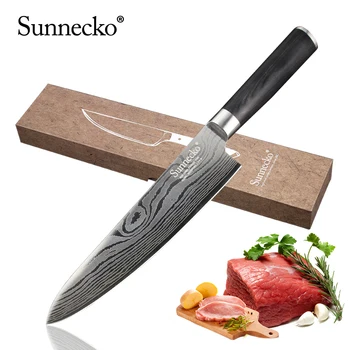

SUNNECKO 8" Chef Knife Stainless Steel Blade Sharp Sanding Laser Damascus Pattern Kitchen Knives Pakka Wood Handle Cooking Knife