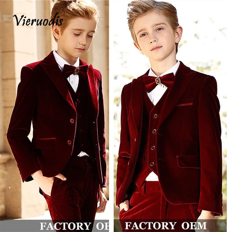 19-1     Velvet Boys Suits For Wedding Formal Groom Tuxedos Slim Kids Prom 3 Piece Suits