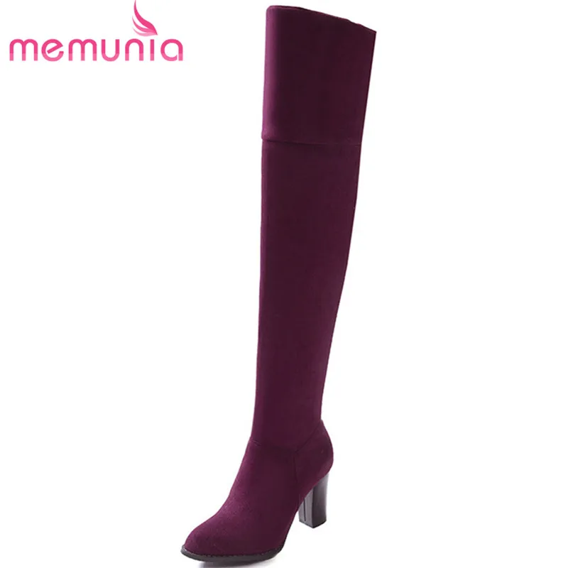 

MEMUNIA Stretch long boots high heels shoes woman fashion elegant flock zip solid over the knee boots big size 34-43