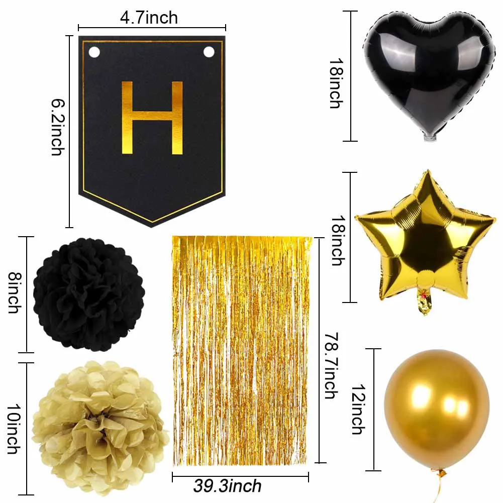 OurWarm 51 шт. День Рождения украшения набор Черное золото с днем рождения баннер бумажный шарик помпоны Блестки из фольги бахрома занавес