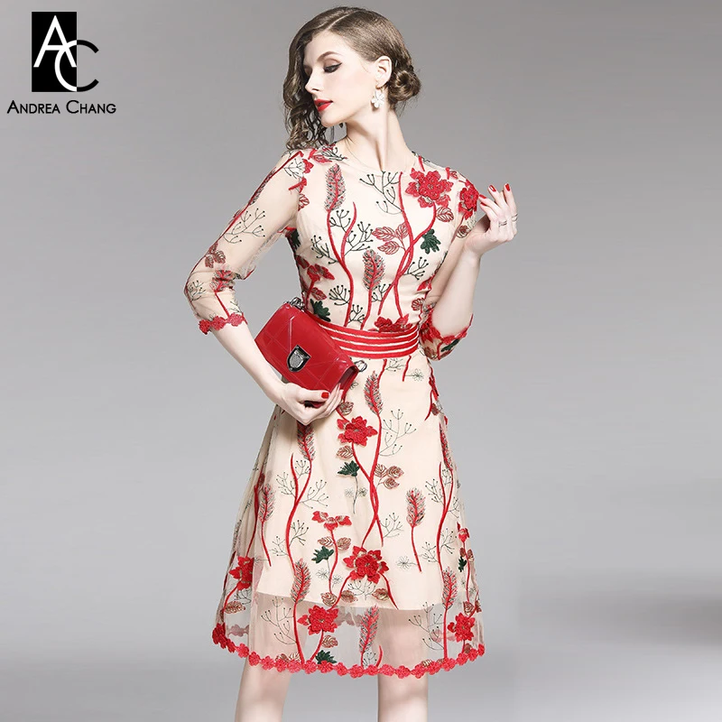 

S-XXL spring summer woman dress green leaf red flower pattern embroidery beige dress 3/4 sleeve knee length vintage sweet dress