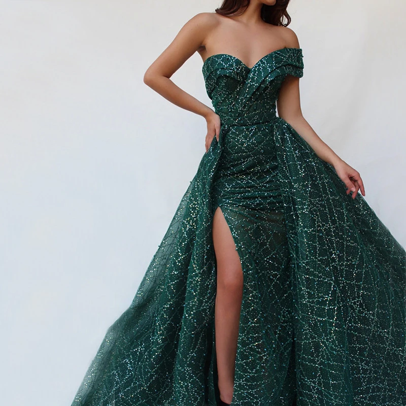 

One Shoulder Long Sleeves Saudi Arabic Green Lace Evening Dresses 2019 Party Dress with Detachable Skirt
