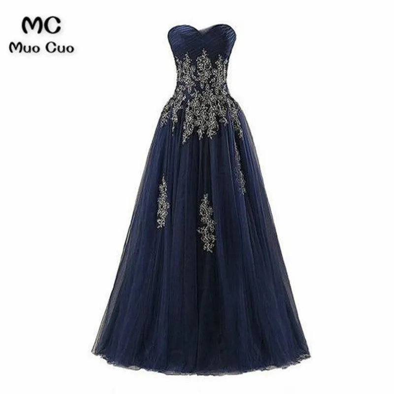 2018 Elegant Dark Blue Prom Dresses Long with Lace Sweetheart Floor