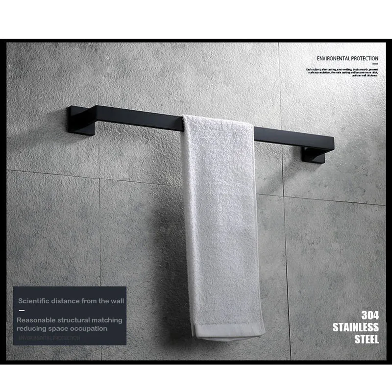 Towel Rack Bathroom Hardware Black Robe Hook Towel Rail Bar Rack Bar Shelf Tissue stainless steel single-rod Bathroom Accessorie