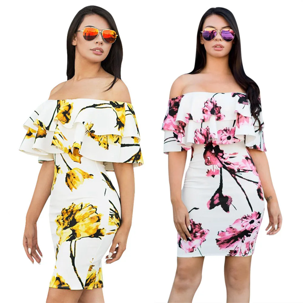

2020 New Summer Printed Ruffled Dress Women Strapless Off Shoulder Mini Dresses Fashion Slim pink yellow flower dress elegant