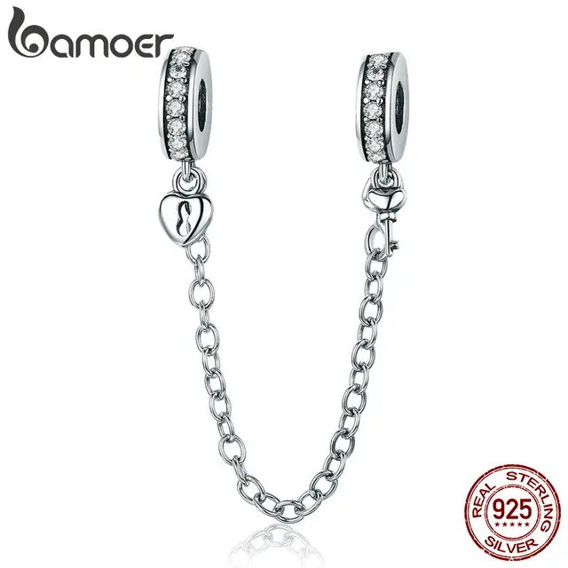 Bamoer Authentic 925 Sterling Silver Stackable Heart Love Bamoer Authentic 925 Sterling Silver Stackable Heart Love Dangle Safety Chain Charm Fit Bracelet