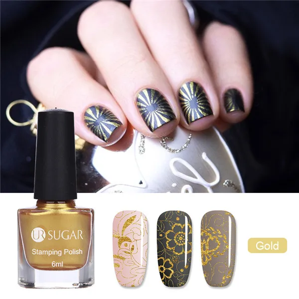 UR сахар 6 мл Лак для стемпинга цветной дизайн ногтей печать рисунка лак для ногтей Лаки 12 Цветов украшение для маникюра «сделай сам» - Цвет: Gold