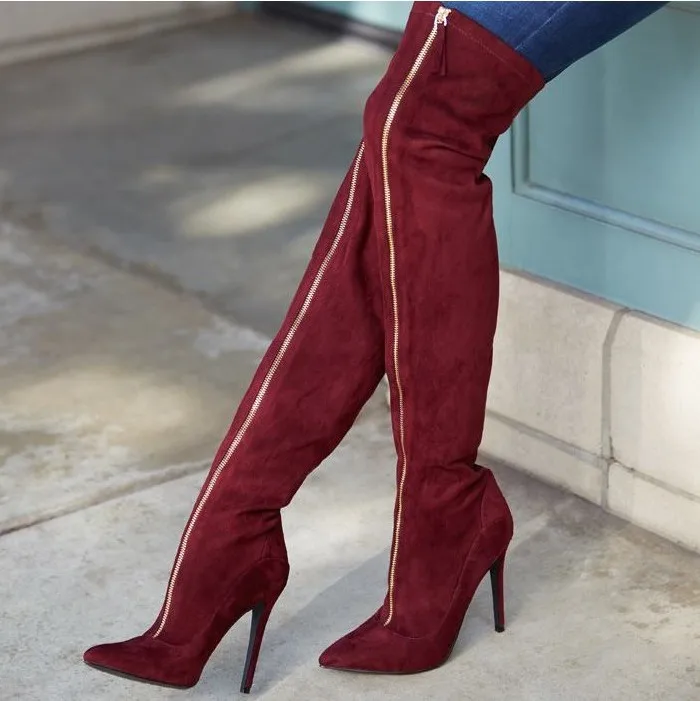 

2018 autumn winter boots women red pointed toe knee high boots gold zipper sexy boots fashion womens stretch boots free ship