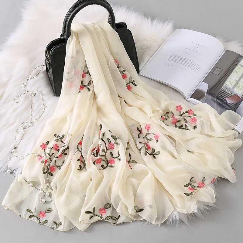

New Ethnic Silk Scarf Embroidery Scarf Women Thin Sun Protection Imitation Silk Shawl Foulard Soft Large hijab Scarf 1.8*1.4M
