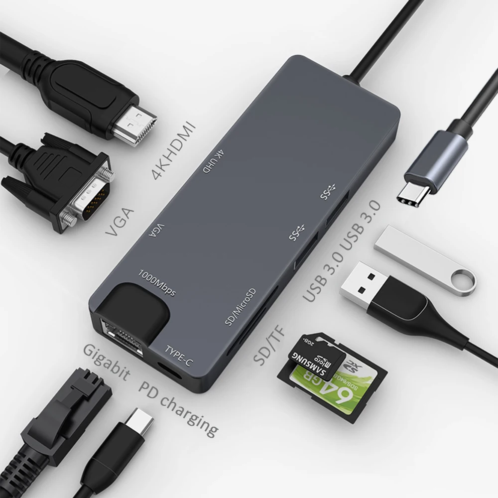 USB-C type C концентратор USB 3,0 HDMI 4K RJ45 Gigabit Ethernet VGA SD TF кард-ридер для Macbook Pro huawei P20 pro адаптер USB-C концентратор