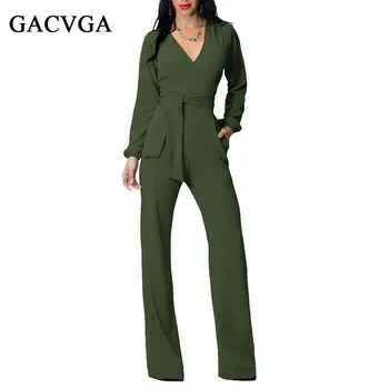 

GACVGA Long Rompers Sexy Women Jumpsuit Winter Autumn Party V-neck Maxi Overalls Belted Wide Leg Bodysuit Club Pants