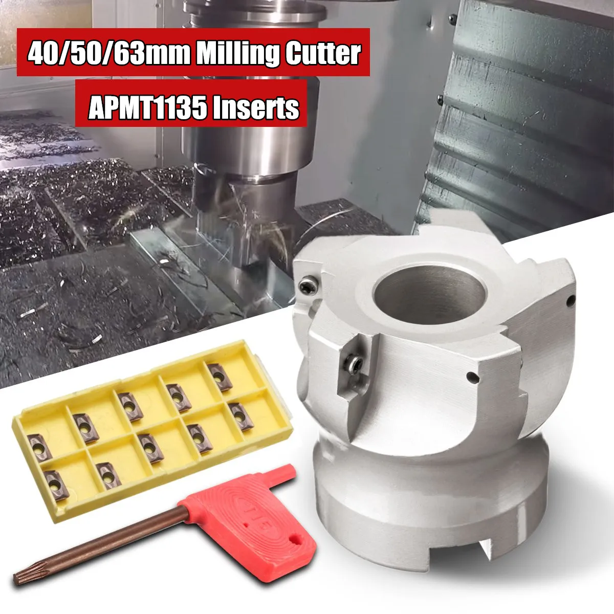 

WOLIKE 40mm/50mm/63mm Face Mill CNC Milling Cutter Head + 10x APMT1135 Carbide Inserts 40CrMo Carbide Alloy