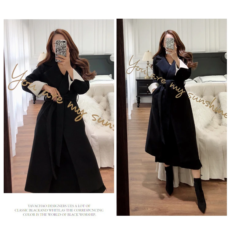 Elegant V Neck Women's Winter Fashion Woolen Overcoat Long Black Trench Dress Coats With Pockets Belt Casaco de la Feminino