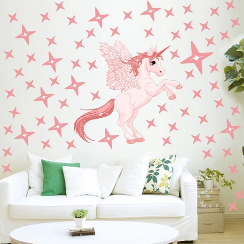 

Cartoon Pink Cute Fantasy Unicorn Stars Wall Stickers Decals For Kids Children Room DIY Poster Wallpaper Home Decor