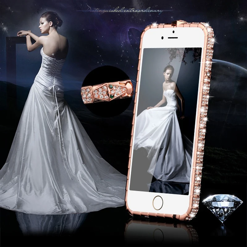 Para iPhone X XR XS Max funda de lujo Bling diamante parachoques para iPhone 8 7 6 6 S Plus marco de Metal con incrustaciones de serpiente de diamantes de imitación brillante