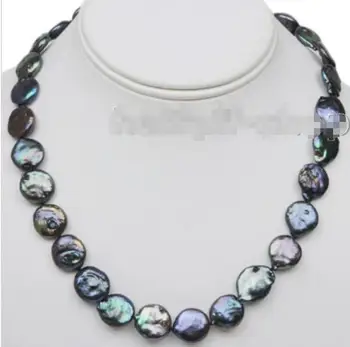 

Hot sale new Style >>>>>14-15MM Black Coin Genuine Freshwater Pearl 925 Sterling Silver Necklace 18"