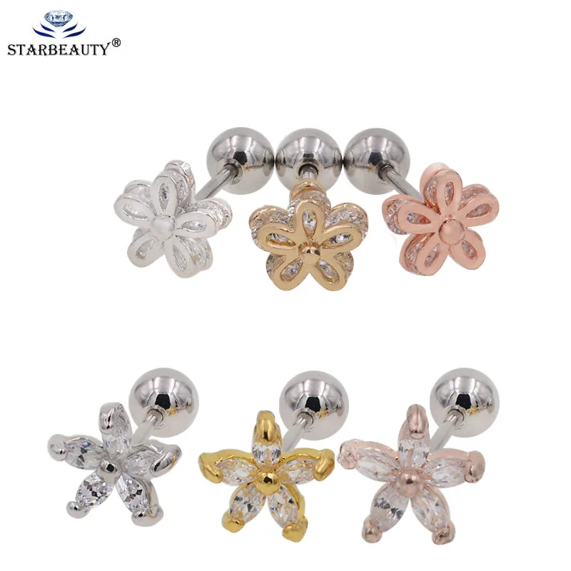 2Pcs Crystal Flower Conch Lobe Earrings Barbell Piercing Orelha Ear