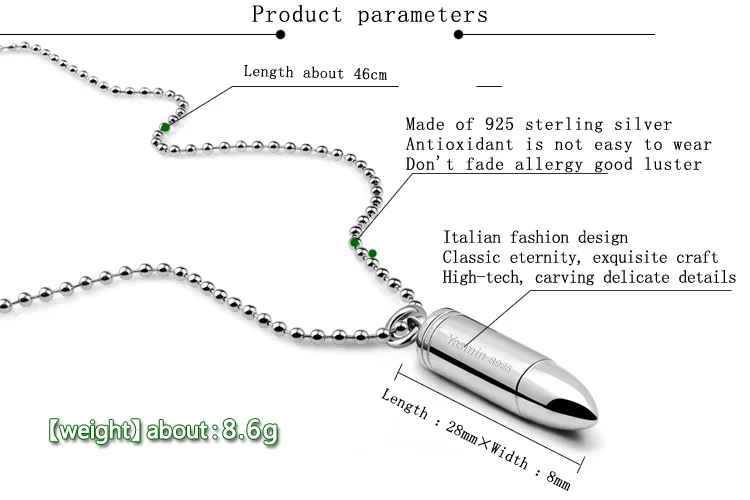 Ожерелье стерлингового серебра 925 Мужская мода пуля кулон, Серебряный кулон ожерелье мужской Шарм Jewelry
