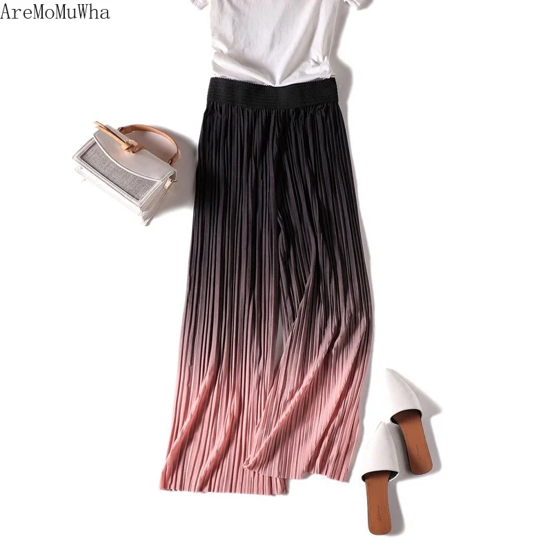 

AreMoMuWha New Summer Women Chiffon Wide Leg Pant Fashion Ankle-Length Pleated Pant Female Eastic Waist Thin Pants Trousers
