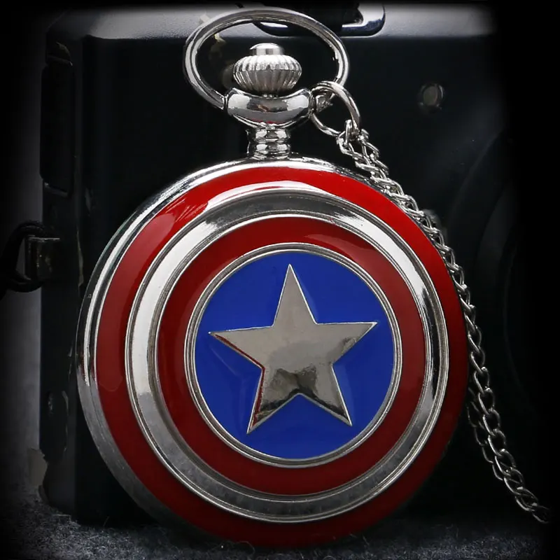 Классический Прохладный Капитан Америка значок Брелок кварцевые карманные Часы с серебряной Цепочки и ожерелья цепь Best подарки для детей