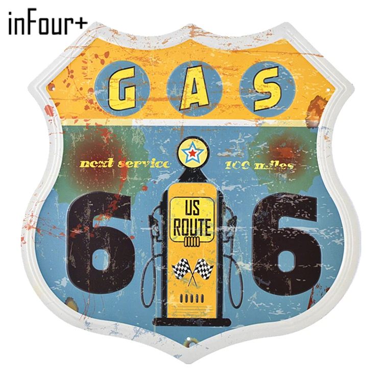 [inFour+] New Shield 66 Route Sign Metal Signs Home Decor Vintage Tin Signs Pub Vintage Decorative Plates Metal Wall Art Plaques