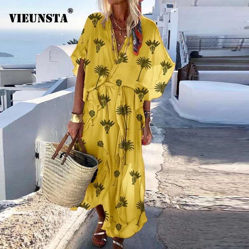 

VIEUNSTA 5XL Women Summer V Neck Print Boho Dress Elegant Ruffle Short Sleeve Loose Beach Dresses Casual Sashes Long Party Dress